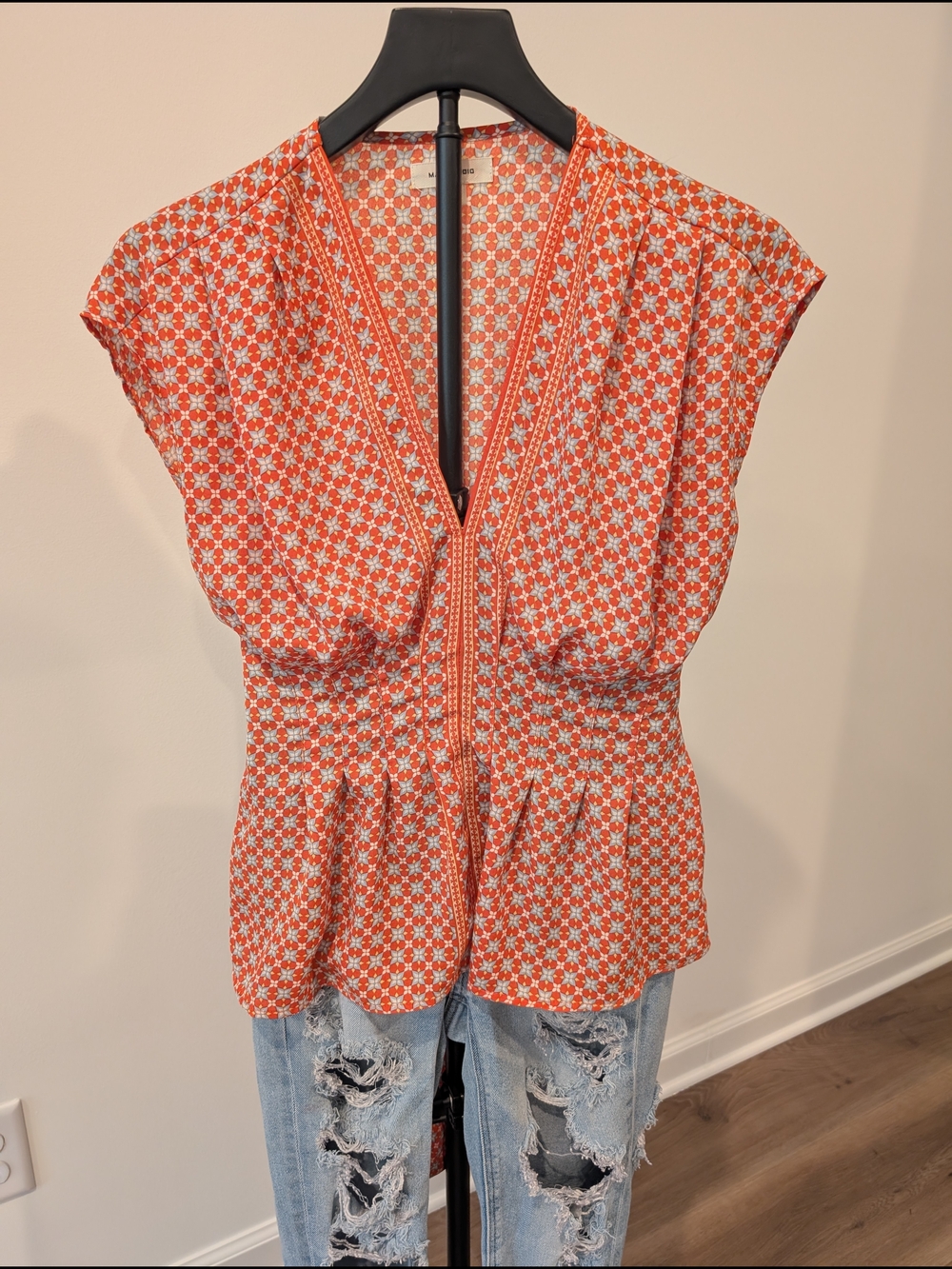 Max Studio Orange Floral-Geo V-Neck Blouse